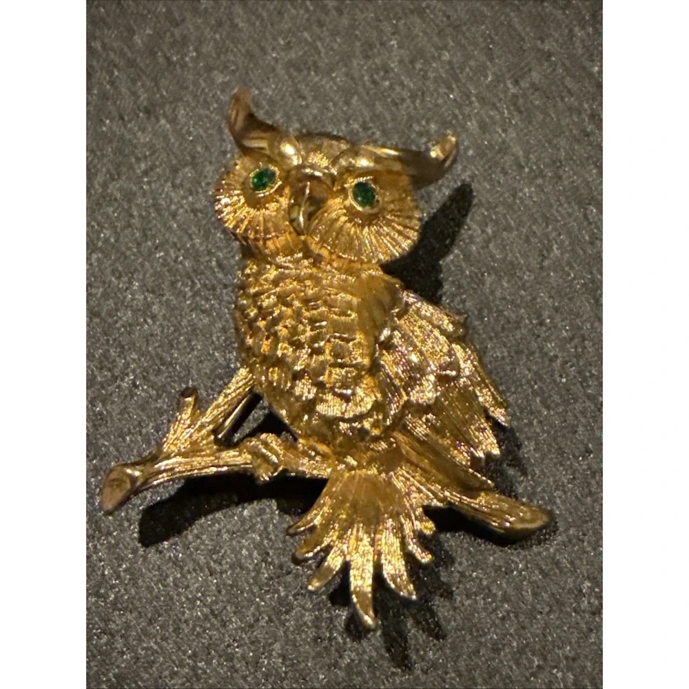 Used Vintage Monet Horned Owl on Branch Pin Brooch Green Stone Eyes Gold Tone